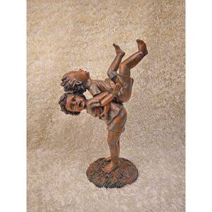 Bronze-Tone Resin Statue Of Children Playing 10.5" Tall Sculpture Rustic Home De